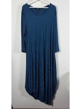Comfy USA Lagenlook Dress 2X Blue Black Striped Asymmetrical Midi Art To Wear
